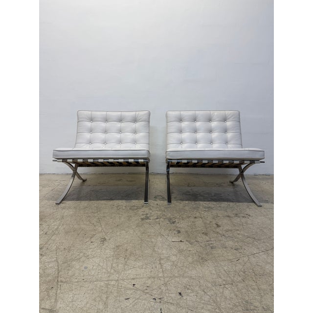 Bauhaus Ludwig Mies Van Der Rohe White Leather Barcelona Chairs for Knoll - A Pair For Sale - Image 3 of 17