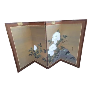 1950s Japanese Asian Four-Panel Byobu Showa Folding Screen of Flowering Lotus