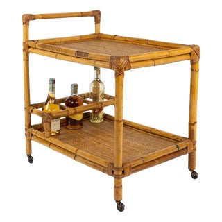 Mid-Century Modern Bamboo and Rattan Serving Bar Cart, Italy, 1960s For Sale