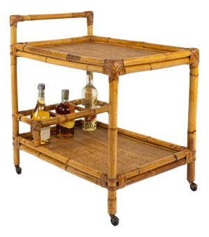 Mid-Century Modern Bamboo and Rattan Serving Bar Cart, Italy, 1960s