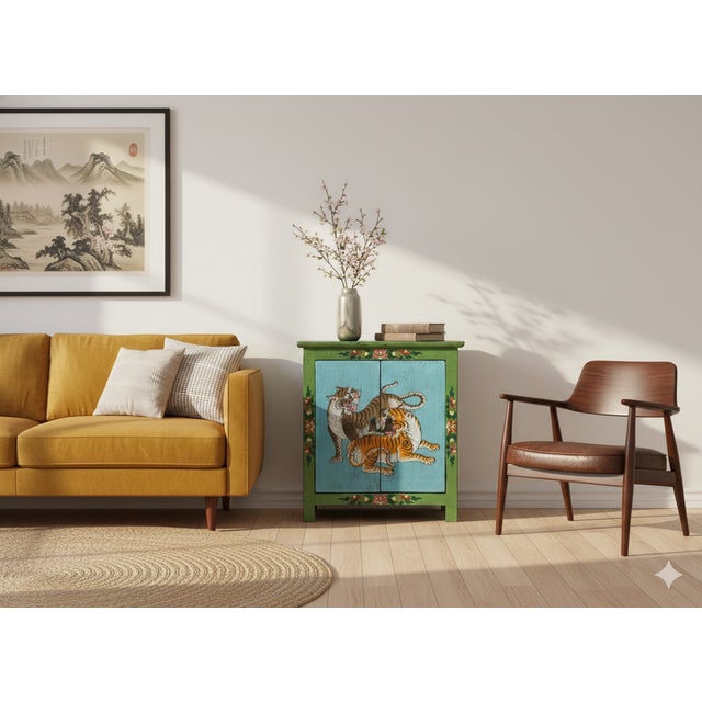 Tibetan Style Lime Green Blue Two Tigers End Table Nightstand For Sale - Image 10 of 10