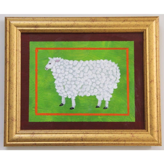Cleo Plowden Folk Art Ram Sheep Minimalism AmericanWhite Mauve Oiginal Oil Painting For Sale - Image 6 of 7