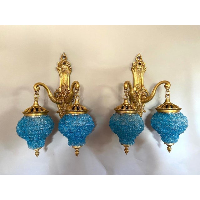 1980 French Louis XVI Bronze Blue Crystal Wall Lamps Sconces - Pair of 2 Pc For Sale - Image 9 of 11
