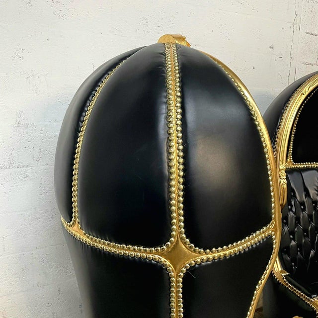 Black Balloon Chair French Style Black Leather High-Back Canopy Lacquer Chair Set of 2 For Sale - Image 8 of 9