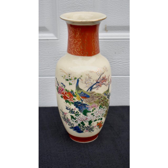 Japanese Vintage 1979 Japanese Satsuma Style Peacock Porcelain Vase Floral Crackle For Sale - Image 3 of 13