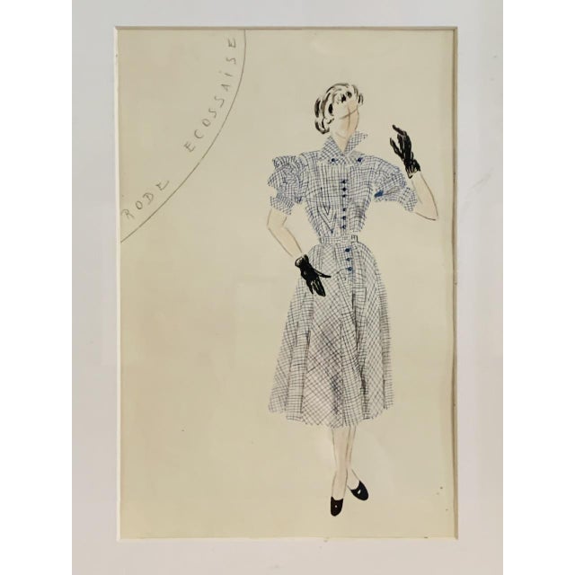 Vintage, signed, framed, pencil sketch/illustration/fashion design drawing, by French fashion artist, Berthe Duquaine,...