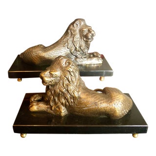 Vintage Bombay Brass Lion and Marble Large Book Ends Statues Paperweights - a Pair For Sale