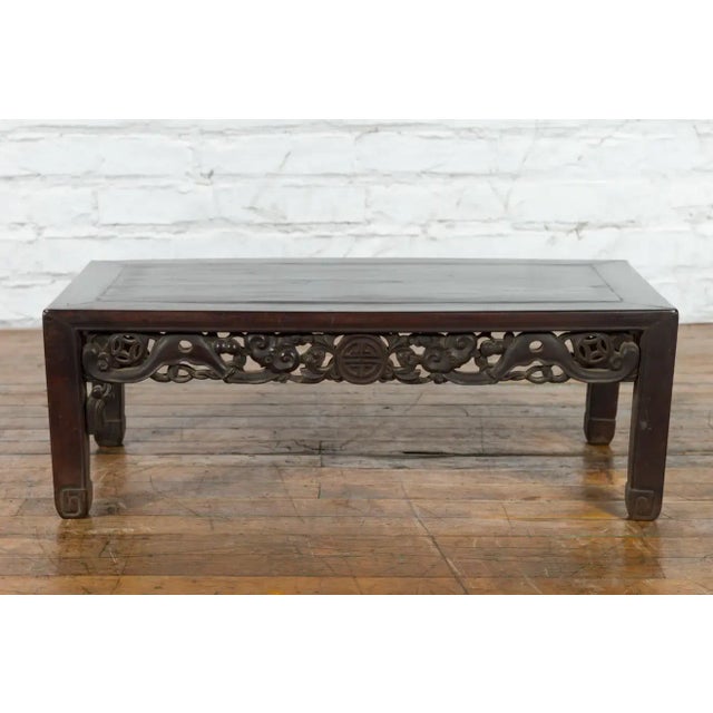 Wood Chinese Qing Dynasty 19th Century Coffee Table with Carved Apron and Dark Patina For Sale - Image 7 of 13