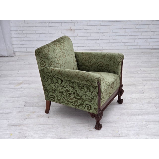 Danish Armchair in Green Velour and Carved Oak, 1950s For Sale - Image 15 of 18