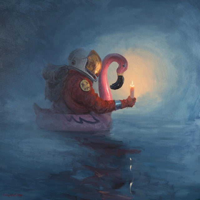 Expect Darkness to Surround You One Day by Andreas Claussen | Oil on canvas Astronaut in a flamingo float holding a candle For Sale