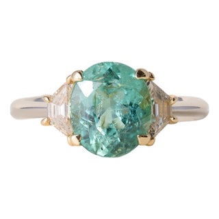1990s Platinum Paraiba 2.26 Carat Oval and Trapezoid Diamond Ring, Size 6.5 For Sale