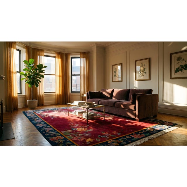 1920s Ruby Red Floral Antique Chinese Art Deco Carpet 8'10" X 11'2" Handknotted Pile Wool Rug For Sale - Image 12 of 12