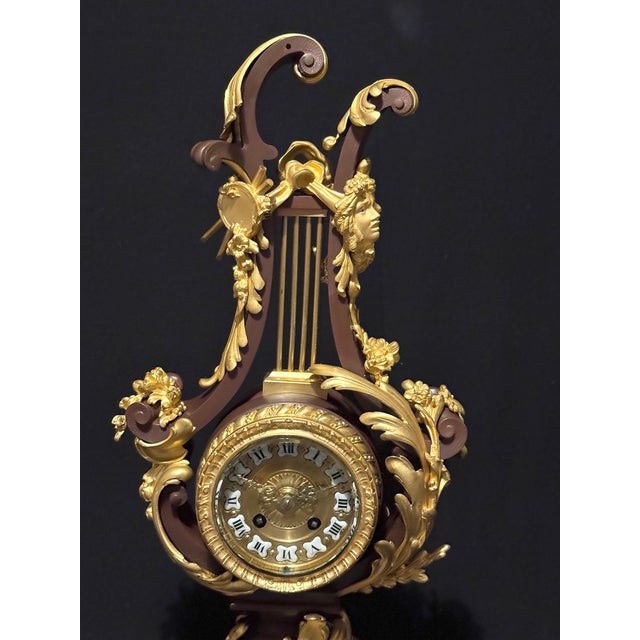 1840-1860 French Bronze Lyre Clock Louis XVI Style, Bronze/Marble For Sale - Image 16 of 18