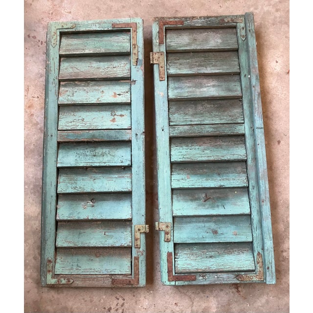 French Provincial 1900's French Robins Egg Blue Painted Wooden Window Shutters /Pr For Sale - Image 3 of 8