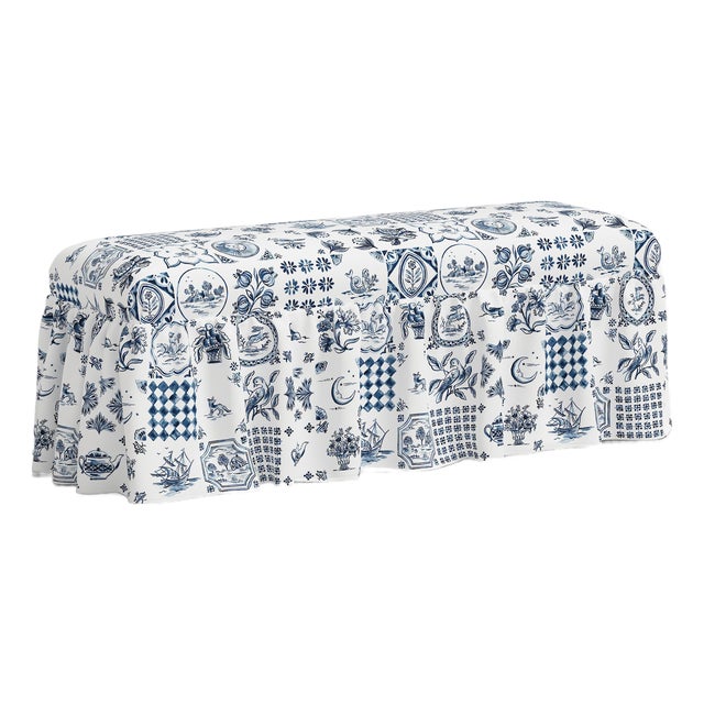 Nia Ruffle Dining Bench in Delft Print For Sale