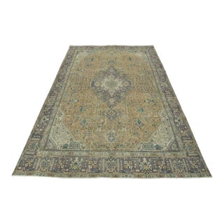 Tabriz Rug 9’5” X 12’7” Pink Wool Vintage Distressed Hand-Knotted Carpet For Sale