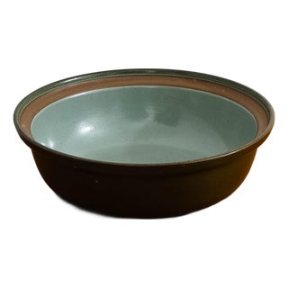 1960s Mid Century Modern Large Round Bowl Heath Ceramics Green Teal Brown Round MCM For Sale