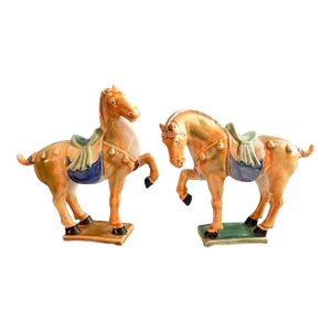 Vintage Mid 20th Century Tang Dynasty Style Sancai Glazed Ceramic War Horse Figurines - a Pair