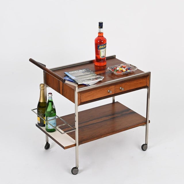 Serving Bar Cart with Drawers in Rosewood and Chrome by George Coslin, Italy, 1950s For Sale - Image 13 of 15