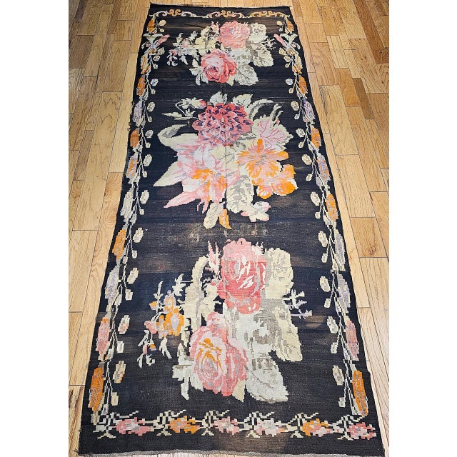 Art Deco Vintage Caucasian Karabagh Kilim, Floral wreath Design, Handwoven Wool, 5' x 14' For Sale - Image 3 of 17