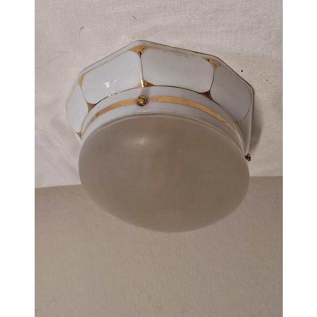 German Art Deco White Porcelain Ceiling Lamp with Oval Matt Glass Shade from Brunnquell, 1930s For Sale - Image 9 of 11