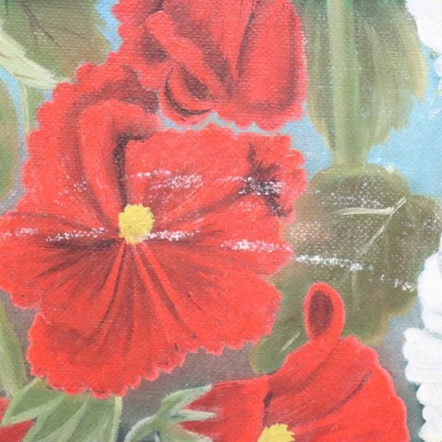 Impressionist Unsigned Oil on Canvas Floral Painting of Garden Hollyhocks With Bees C1900 For Sale - Image 3 of 17