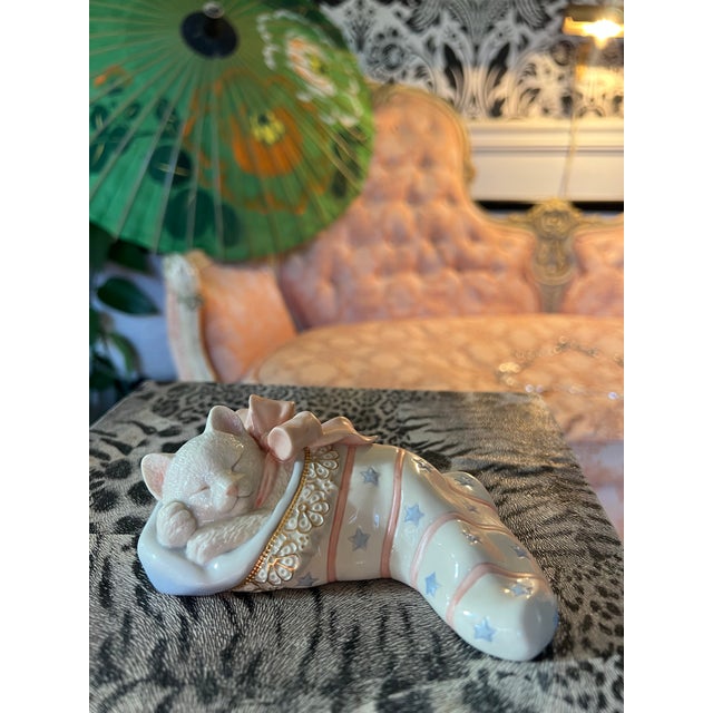 Small Vintage Lennox Christmas Cat Sleeping in Stocking Knick Knack For Sale In Atlanta - Image 6 of 6