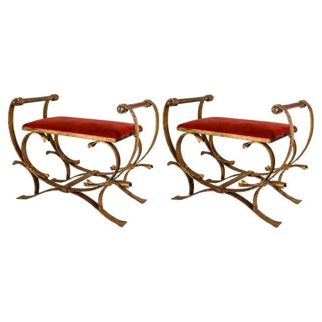 Set of Gilded Wrought Iron Curule Stools with Seats, Early 20th Century For Sale