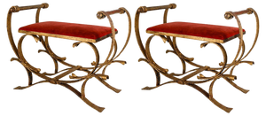 Set of Gilded Wrought Iron Curule Stools with Seats, Early 20th Century