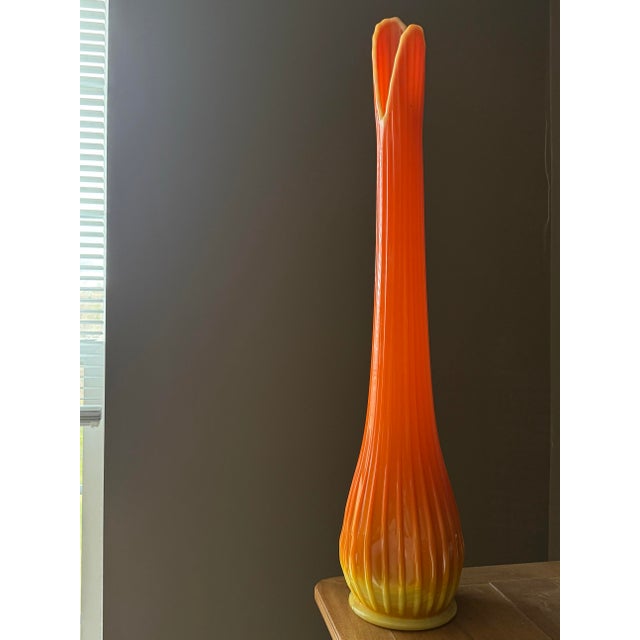 Orange Vintage 60's Bittersweet l.e. Smith Orange Art Glass Swung Vase 30 1/2" Tall MCM Handblown Floor Vase For Sale - Image 8 of 15