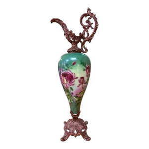 Antique French Ewer, Hand Painted Glass Vase, Painted Metal Mounts