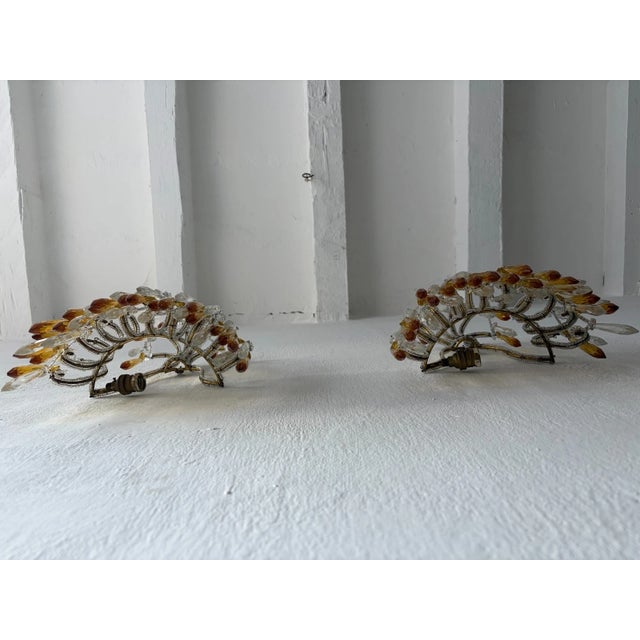 Italian Micro Beaded Yellow Amber & Clear Loaded Crystal Sconces, Circa 1920 For Sale - Image 6 of 11
