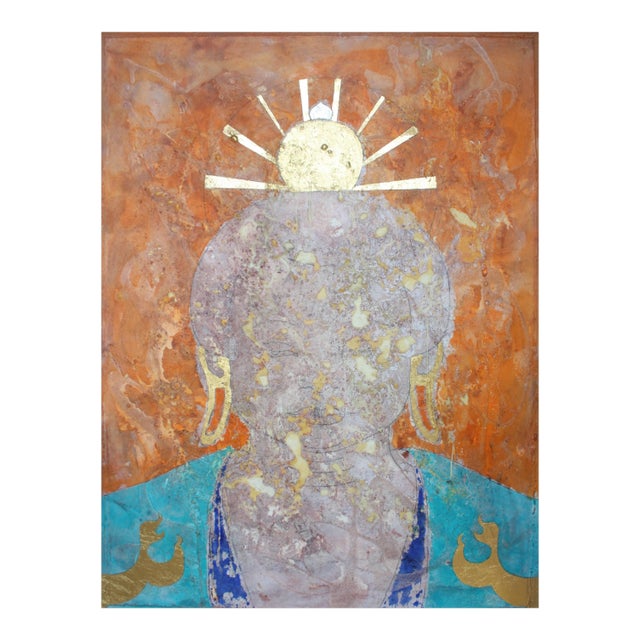 "Saffron Effulgence". Contemporary Buddha Oil Painting with Gold Leaf For Sale