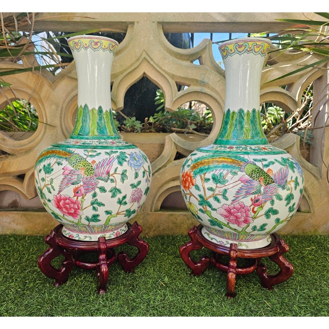 Pair of Late Qing Dynasty Chinese Famille Rose Phoenix Bottle Vases With Stands For Sale - Image 4 of 12