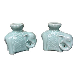 Vintage 1960s Chinese Celadon Green Ceramic Elephant Candle Holders- Set of 2 For Sale