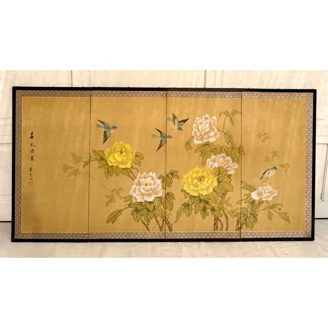 Mid-20th Century Japanese Chinoiserie Four-Panel Screen With Peonies and Birds, Mounted as Wall Art For Sale - Image 12 of 12