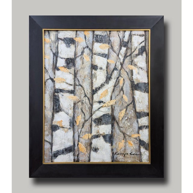 Title White Birch: Highly Textured White And Black Birch Trees Abstract Framed Painting On Canvas Beveled Black Wood Frame...
