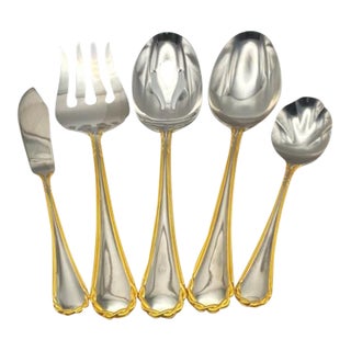 Yamazaki Tasha Gold Accent Stainless Flatware Hostess Set – Five Serving Pieces 1990's For Sale