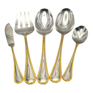 Yamazaki Tasha Gold Accent Stainless Flatware Hostess Set – Five Serving Pieces 1990's