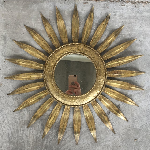 Mid-Century Modern Mid-Century Modern Gilt Iron Layered Leafed Flower Shaped Sunburst Mirror For Sale - Image 3 of 13