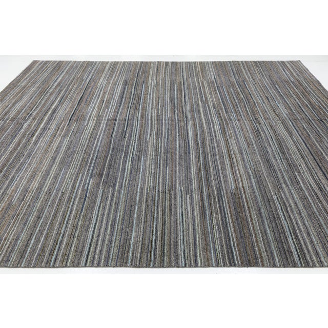 Gray Modern Hand-Knotted Indian Wool Area Rug – Earth Tone Linear Stripe Design 12x15 For Sale - Image 8 of 11