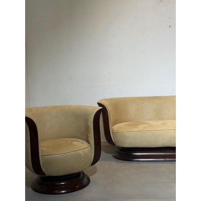 Exceptional Art Deco tulip sofa set, sourced from the prestigious Hotel Le Malandre. This elegant ensemble consists...