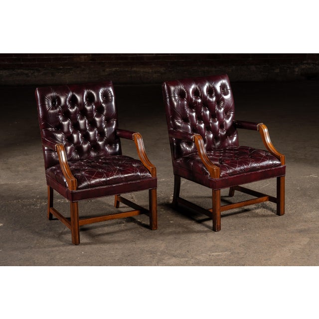 Late 20th Century Pair of Tufted Leather Square-Back Dining Chairs in Oxblood For Sale - Image 4 of 17