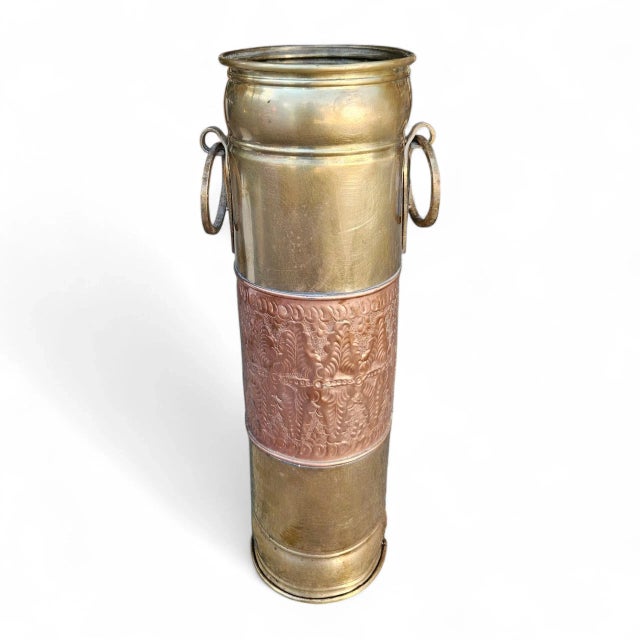 Victorian Antique Brass and Copper Umbrella Stand / Stick Holder With Embossed Repoussé Detail For Sale - Image 3 of 14