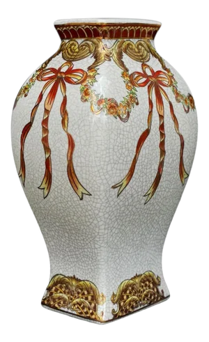 Vintage Large Chinese Porcelain Crackle Ribbon Motif Flared Vase