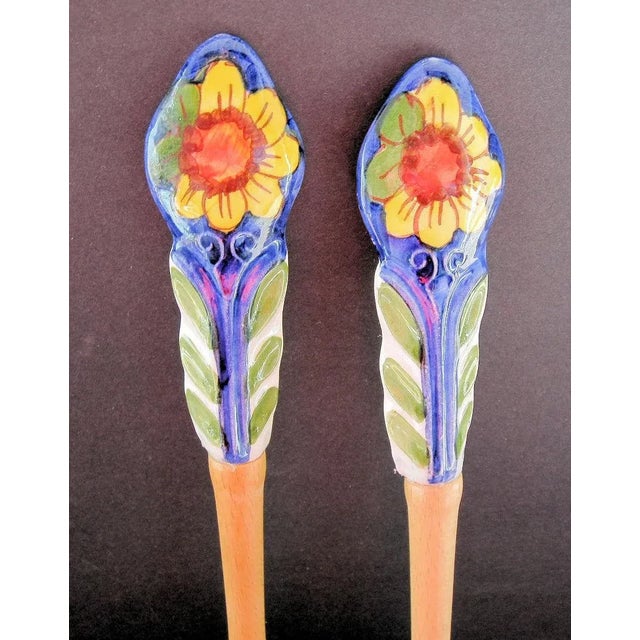 Italian 1970s Salad Fork and Spoon With Handpainted Ceramic Handles For Sale - Image 3 of 3