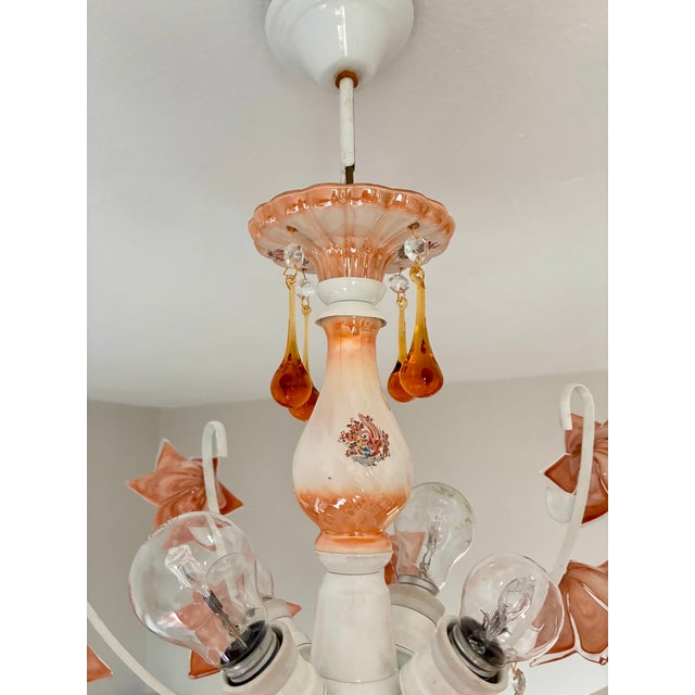 Vintage Italian Murano Style Amber Brown Floral Chandelier - Porcelain Body With Crystal Teardrops For Sale - Image 12 of 18