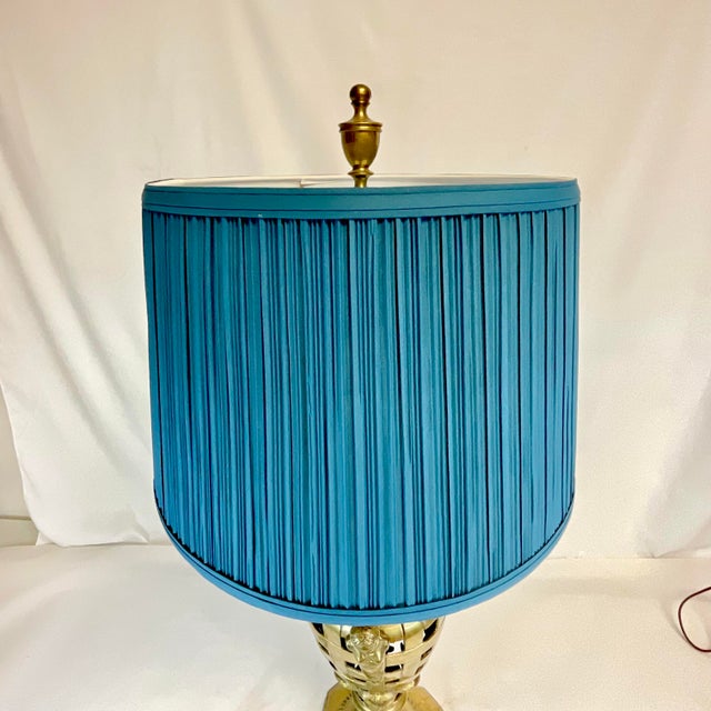 Vintage Art Deco Hollywood Regency Chippendale Winged Nike Greek Goddess Brass Table Lamp, New Pleated Shade For Sale - Image 14 of 14