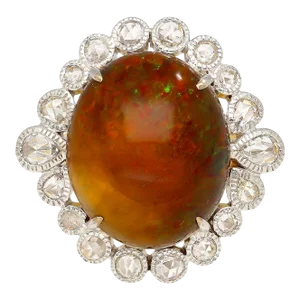 Vintage 11.36 Carat Opal and Rose Cut Diamond Halo Ring in 18k Gold Size 7