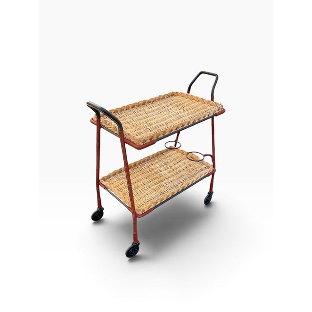 Stitched Leather and Rattan Bar Cart by Jacques Adnet, 1950s For Sale - Image 14 of 14